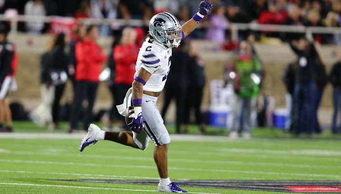 Kansas State safety Kobe Savage celebrates a big play against Texas Tech,